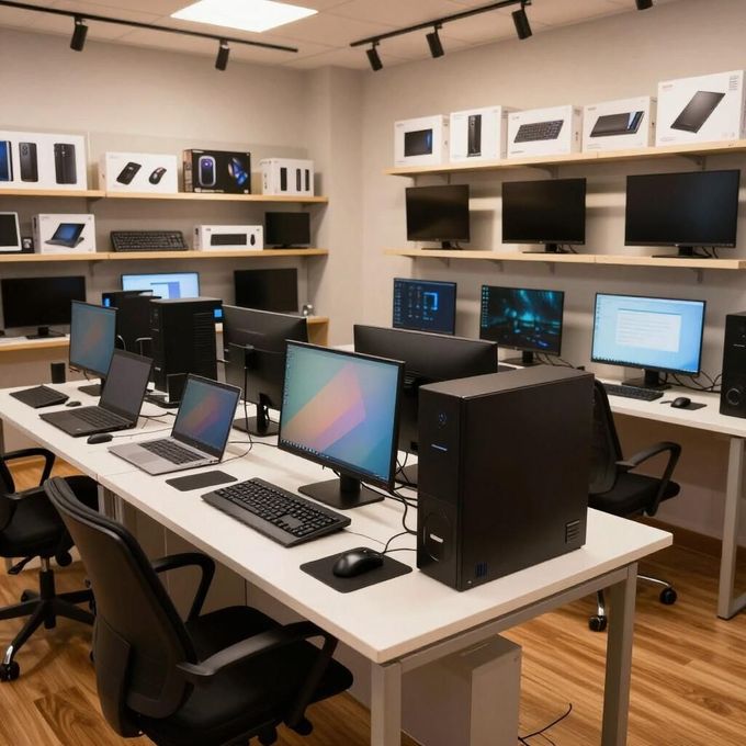 Sala de informática con filas de ordenadores de sobremesa y monitores sobre mesas blancas en un aula moderna.