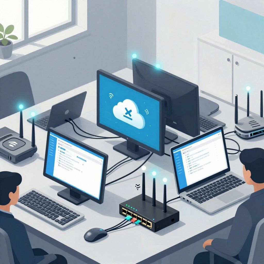 Oficina moderna con múltiples monitores, ordenadores portátiles y routers Wi-Fi conectados a una red en la nube.