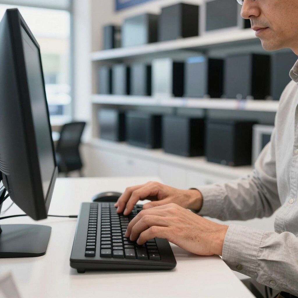 Persona tecleando en un escritorio junto a un monitor en una oficina luminosa.