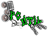 Logotipo verde estilo grafiti “PC vision” con gráficos de altavoces, micrófono y cadena de metal