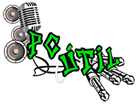 Logotipo verde estilo grafiti “PC vision” con gráficos de altavoces, micrófono y cadena de metal