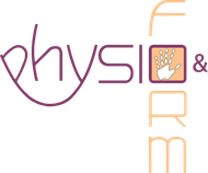Logo „Physio & Form“. Lila Schriftzug „Physio“, geometrisches orangefarbenes „FORM“, Handsymbol im Quadrat.