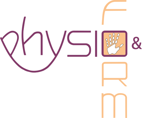 Logo „Physio & Form“. Lila Schriftzug „Physio“, geometrisches orangefarbenes „FORM“, Handsymbol im Quadrat.