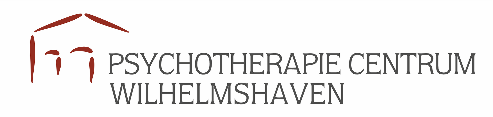 Logo des Psychotherapie Centrum Wilhelmshaven mit einem stilisierten braunen Dachsymbol neben dem Namen der Organisation.