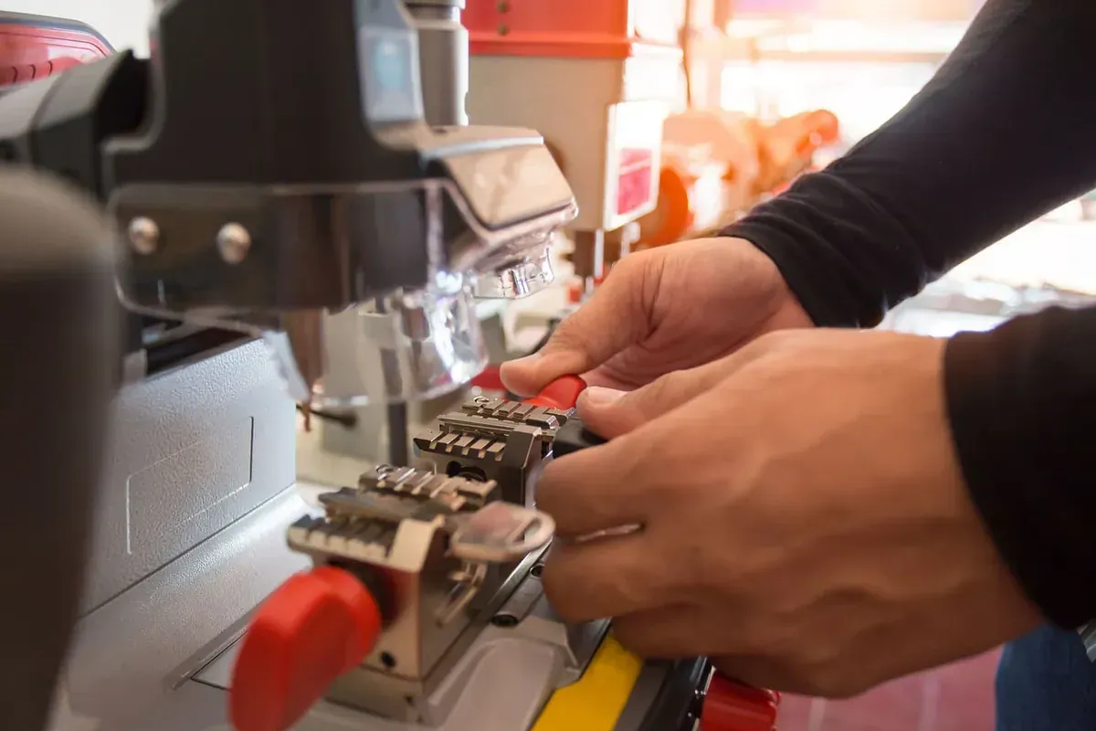 Una persona está cortando una llave con una máquina.