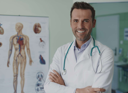 Un médecin, stéthoscope à la main, sourit dans son bureau, les bras croisés, une planche anatomique visible.
