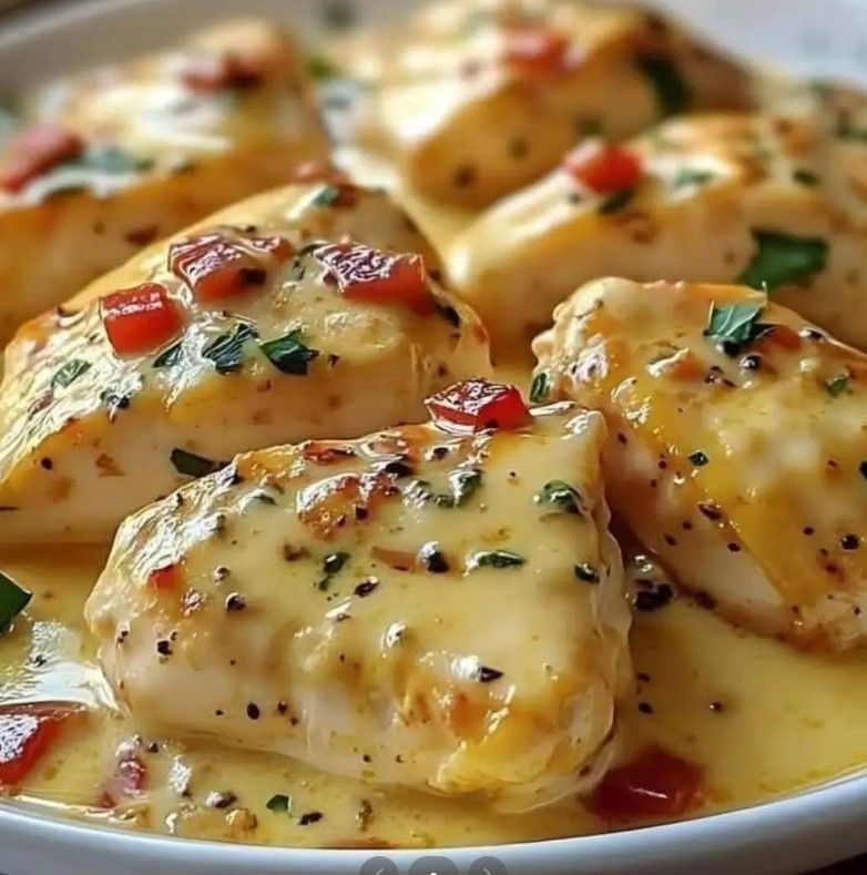 Pechugas de pollo en salsa cremosa, adornadas con trocitos rojos y hierbas.