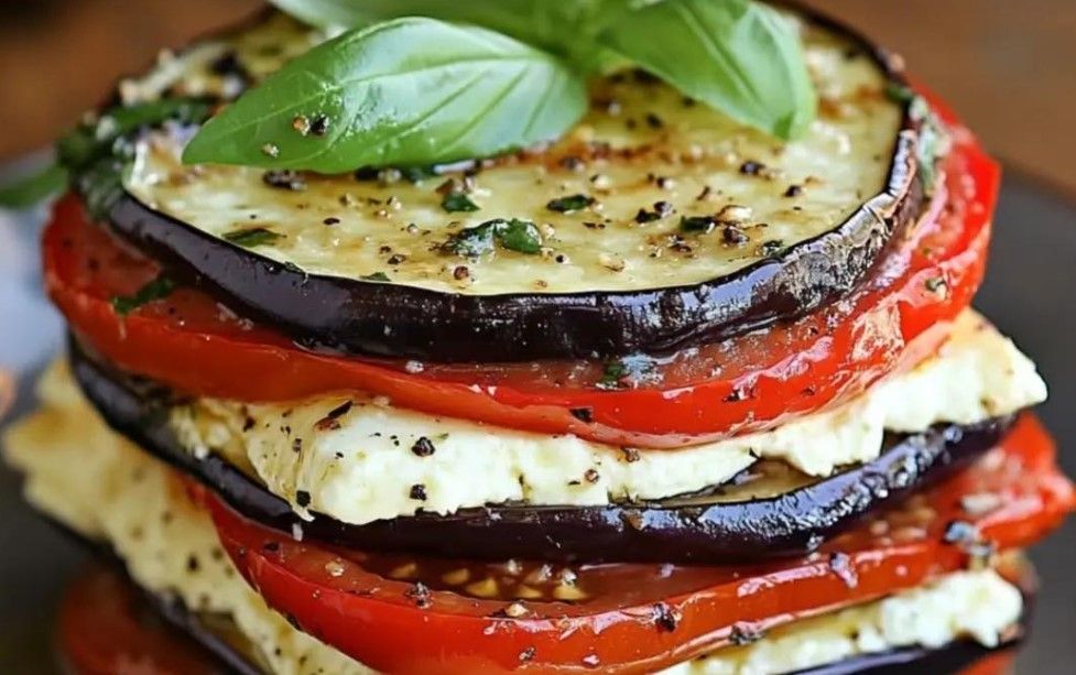 Pila de berenjenas a la parrilla, tomate y queso cubierto con albahaca.