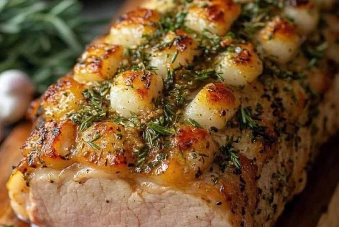 Lomo de cerdo asado cubierto con vieiras doradas y hierbas.