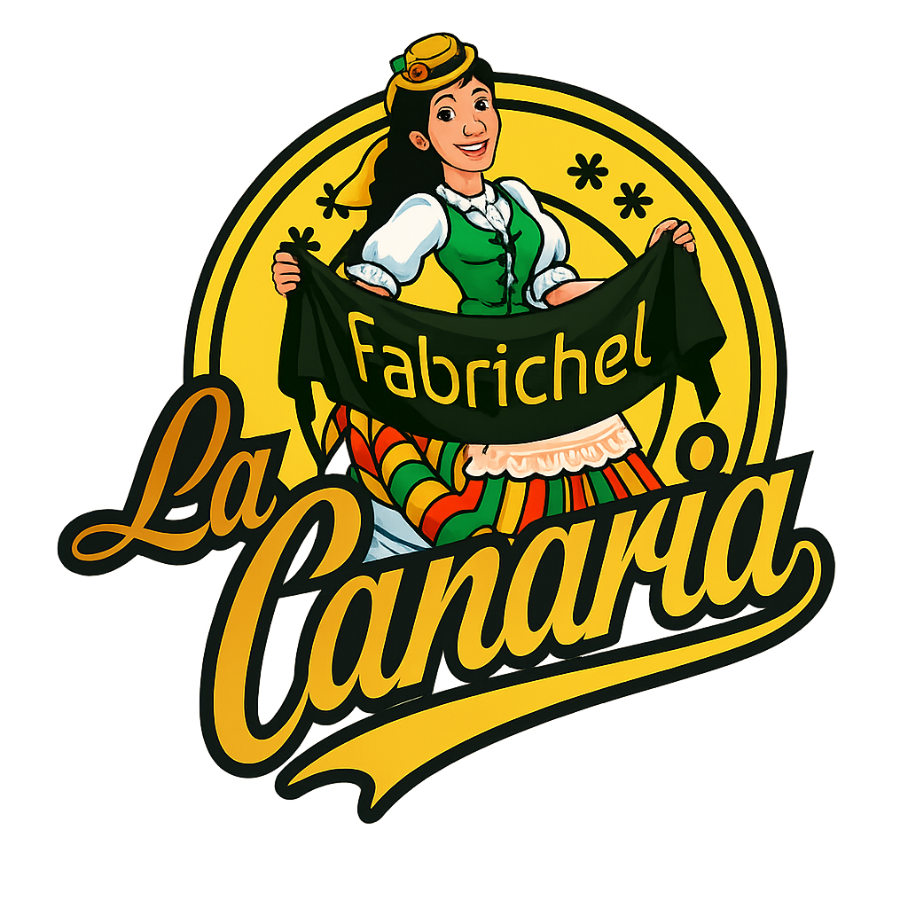 Logotipo de "La Canaria", que muestra a una mujer con traje tradicional sosteniendo una pancarta que dice "Fabrichel".