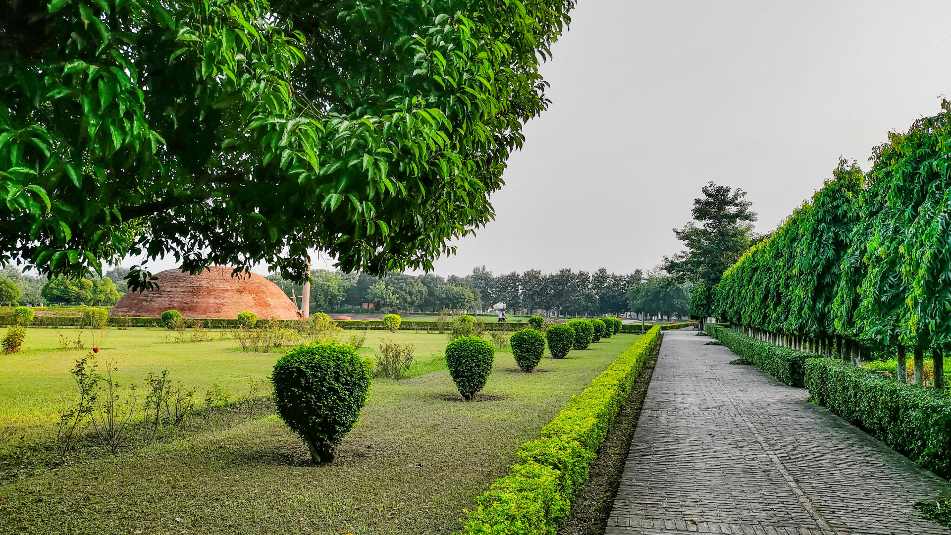 Un parc avec un chemin de pierre bordé d'arbustes, de pelouses vertes, d'arbres et d'une petite structure en arrière-plan.