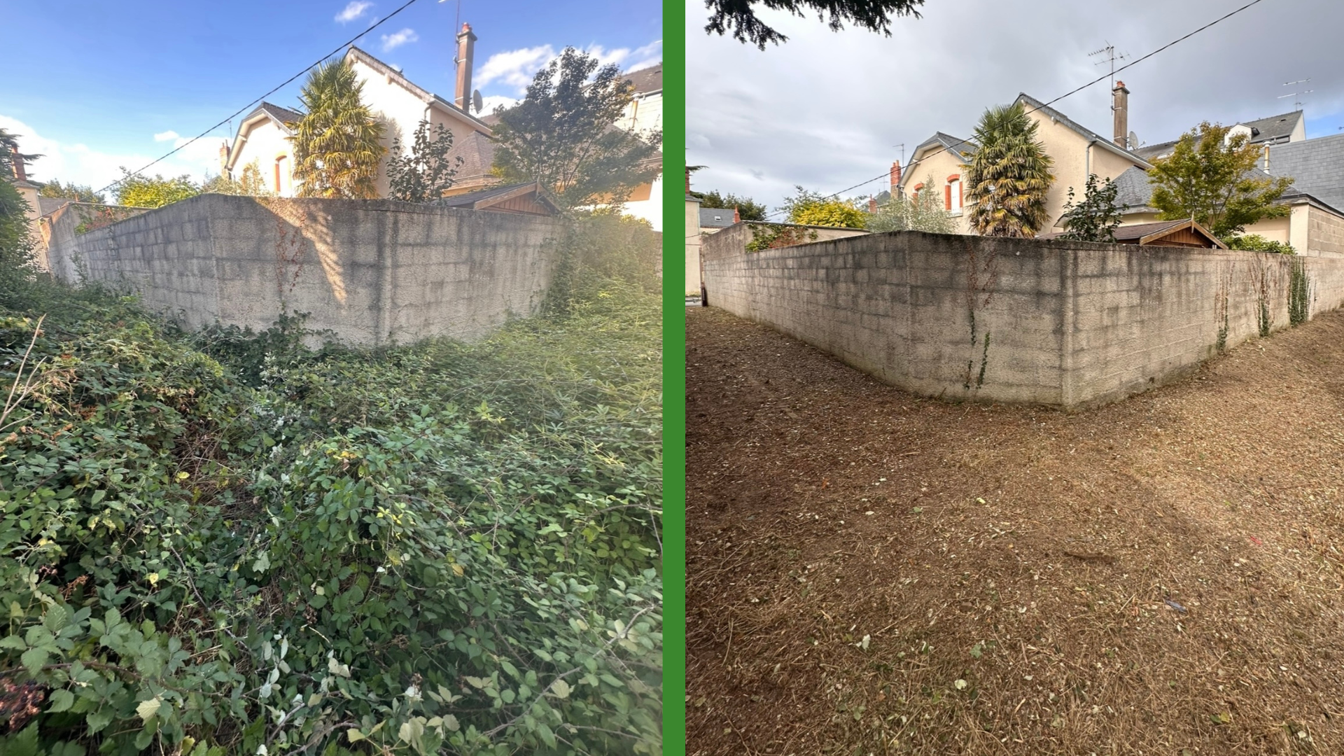 Chemin bordé de haies vertes et d'arbres menant à un bâtiment au toit brun.