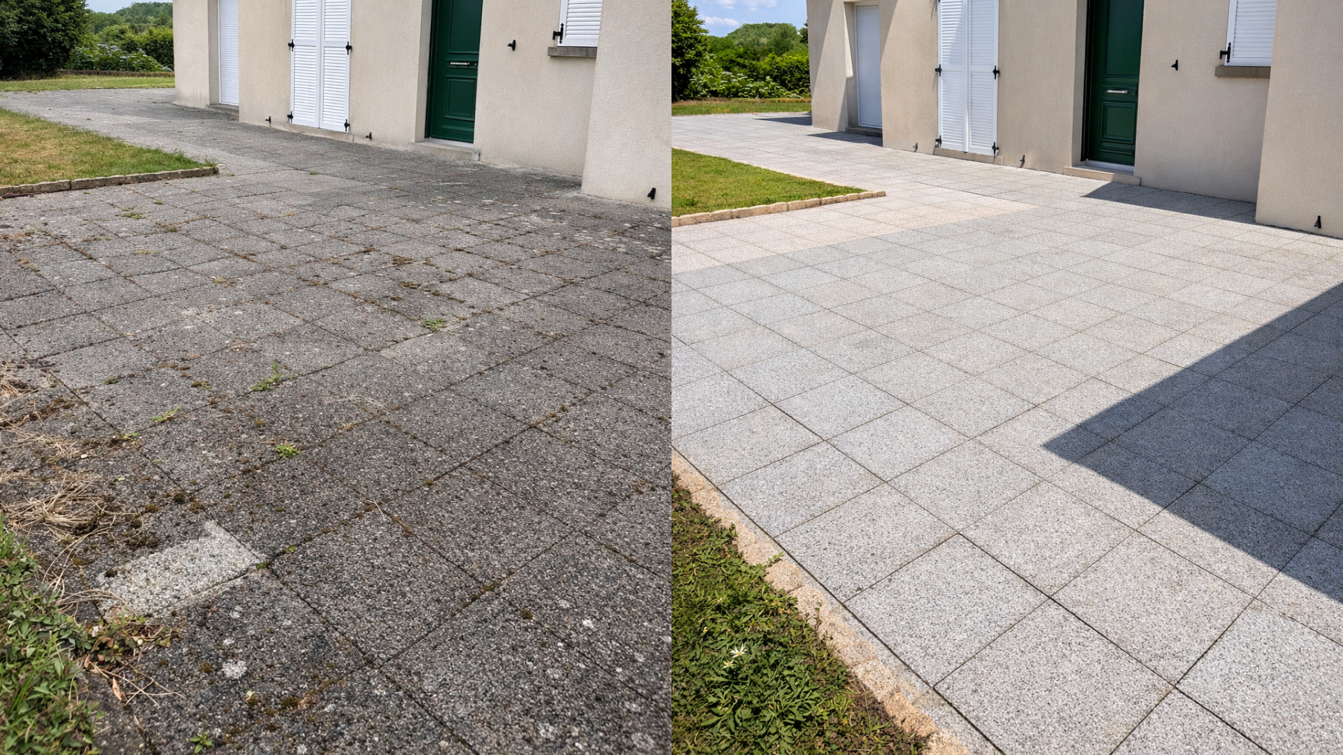 Un parc avec un chemin de pierre bordé d'arbustes, de pelouses vertes, d'arbres et d'une petite structure en arrière-plan.