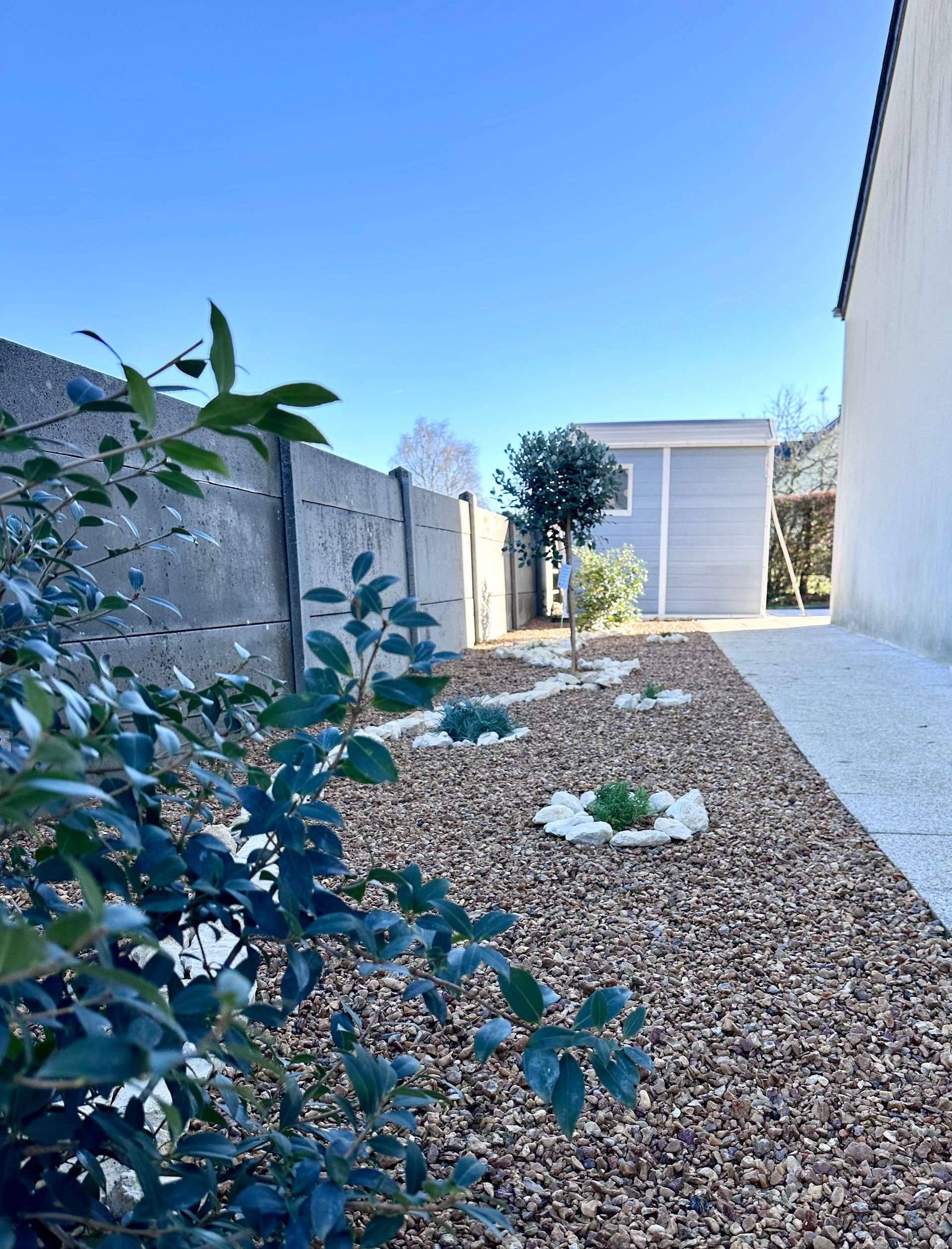 Parterre de jardin luxuriant avec diverses plantes vertes, des fleurs colorées et une pelouse herbeuse au premier plan.