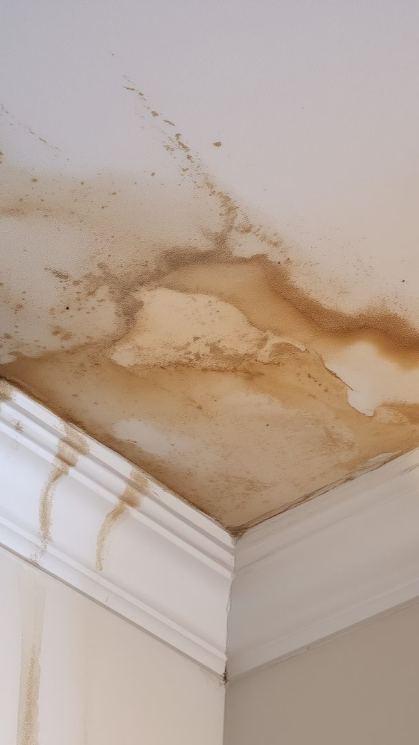 Une infiltration d'eau se voit au plafond : taches d'humidité.