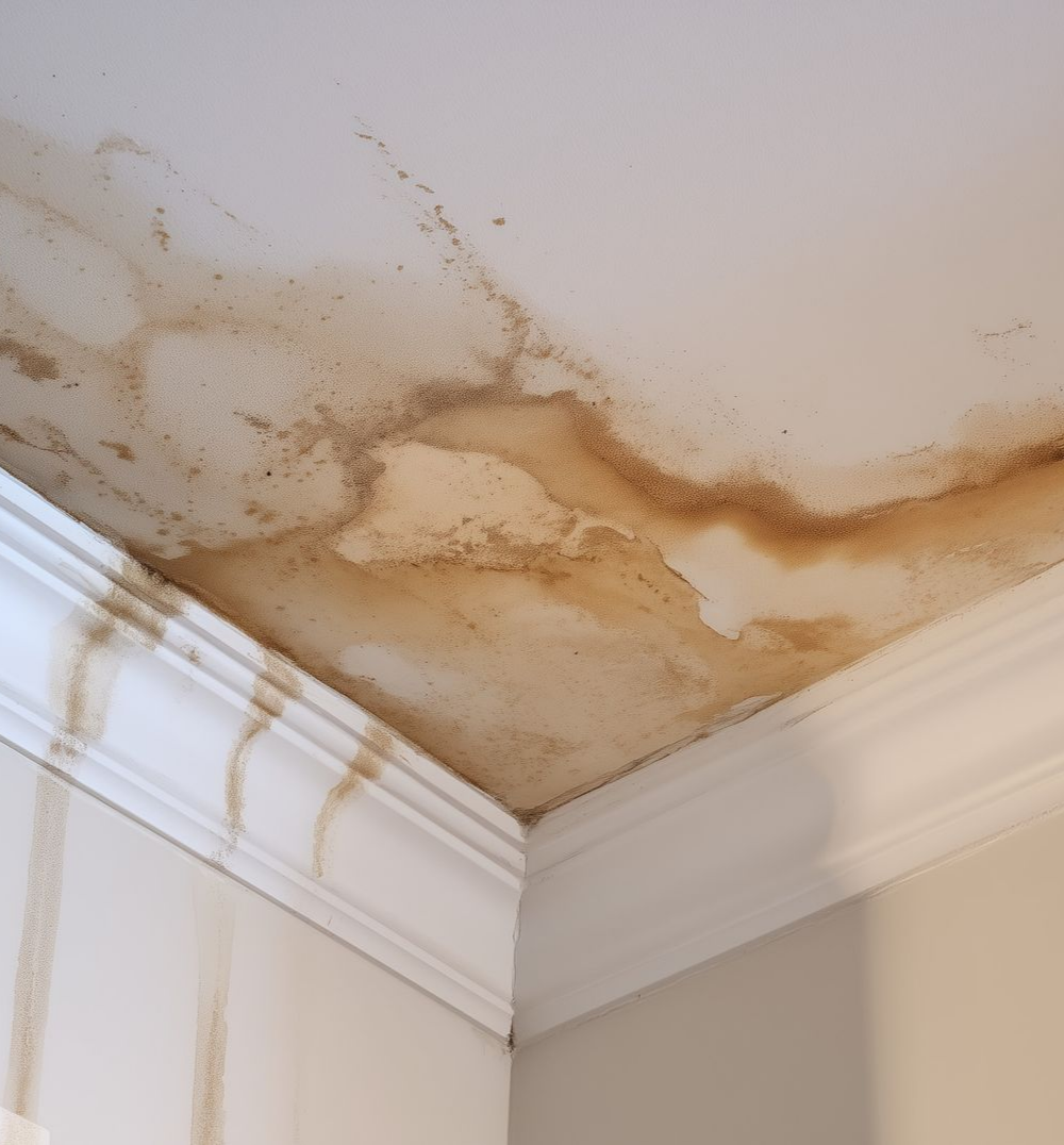 Des taches d'humidité sont visibles au plafond.