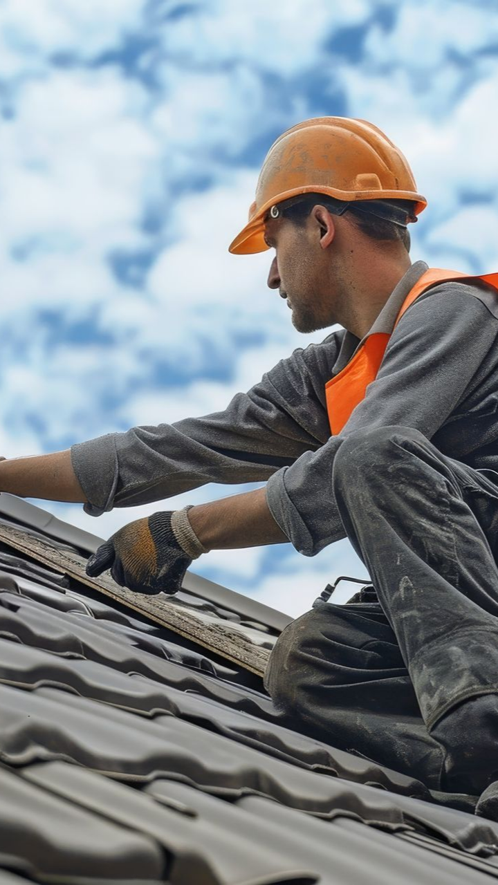 Un couvreur réalise le dépannage d'une toiture.