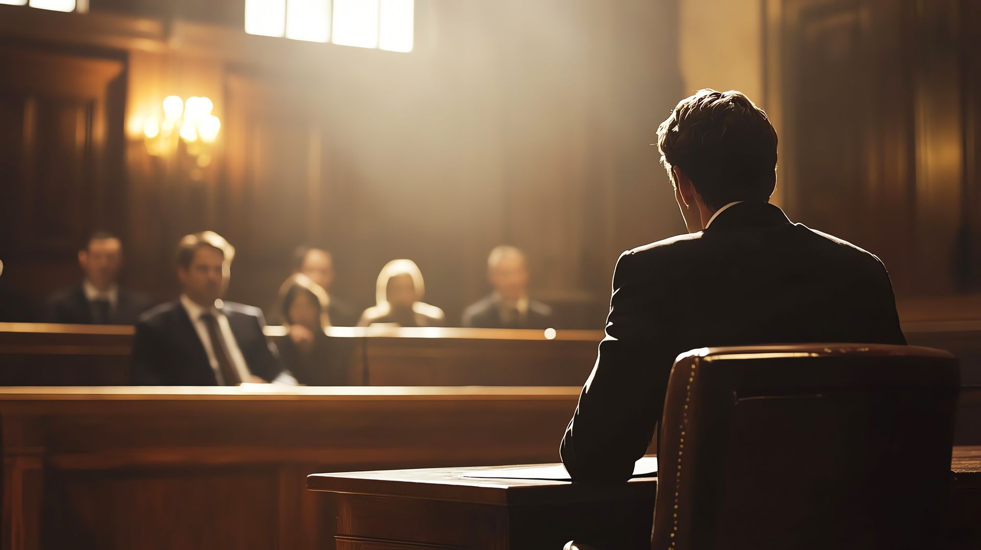 Un témoin, à la barre d'un tribunal, fait face à des juges assis dans une salle.