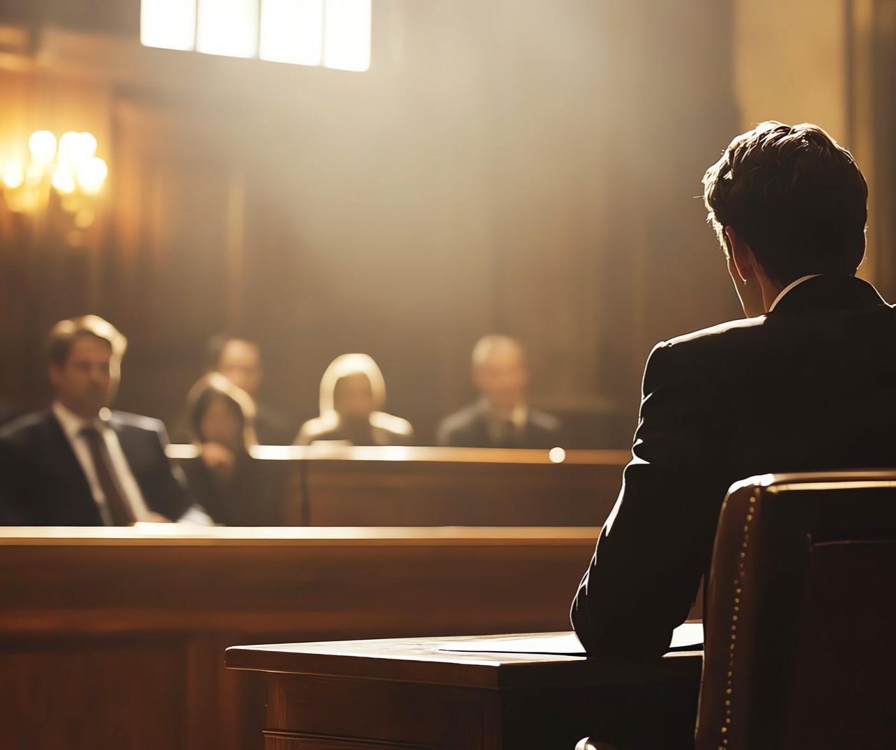 Personne assise à un pupitre face à un public flou dans une salle d'audience ou une salle de procès baignée de soleil.
