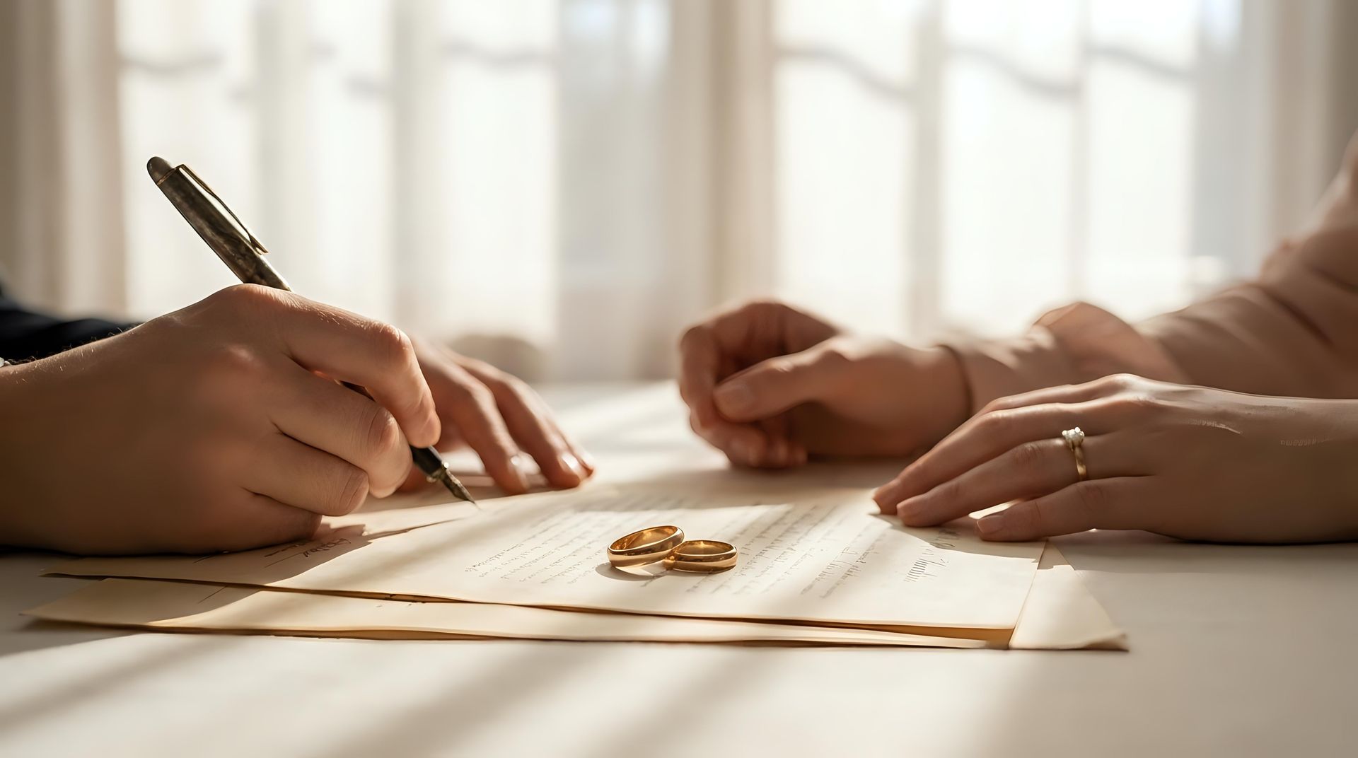 Deux mains signent un document sur une table où se trouvent des alliances.