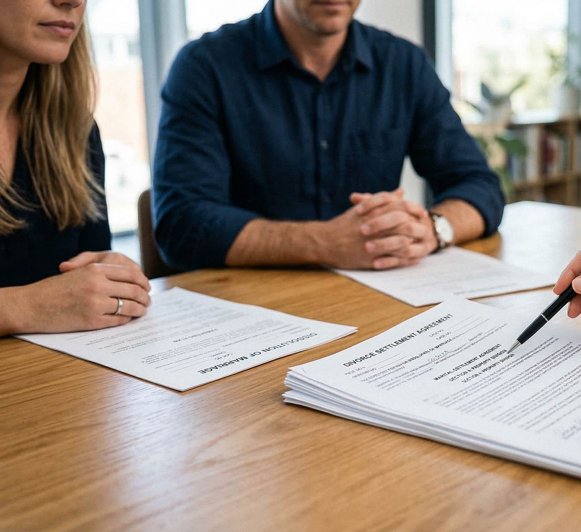 Des personnes en réunion signent des documents autour d'une table en bois où les documents sont étalés.