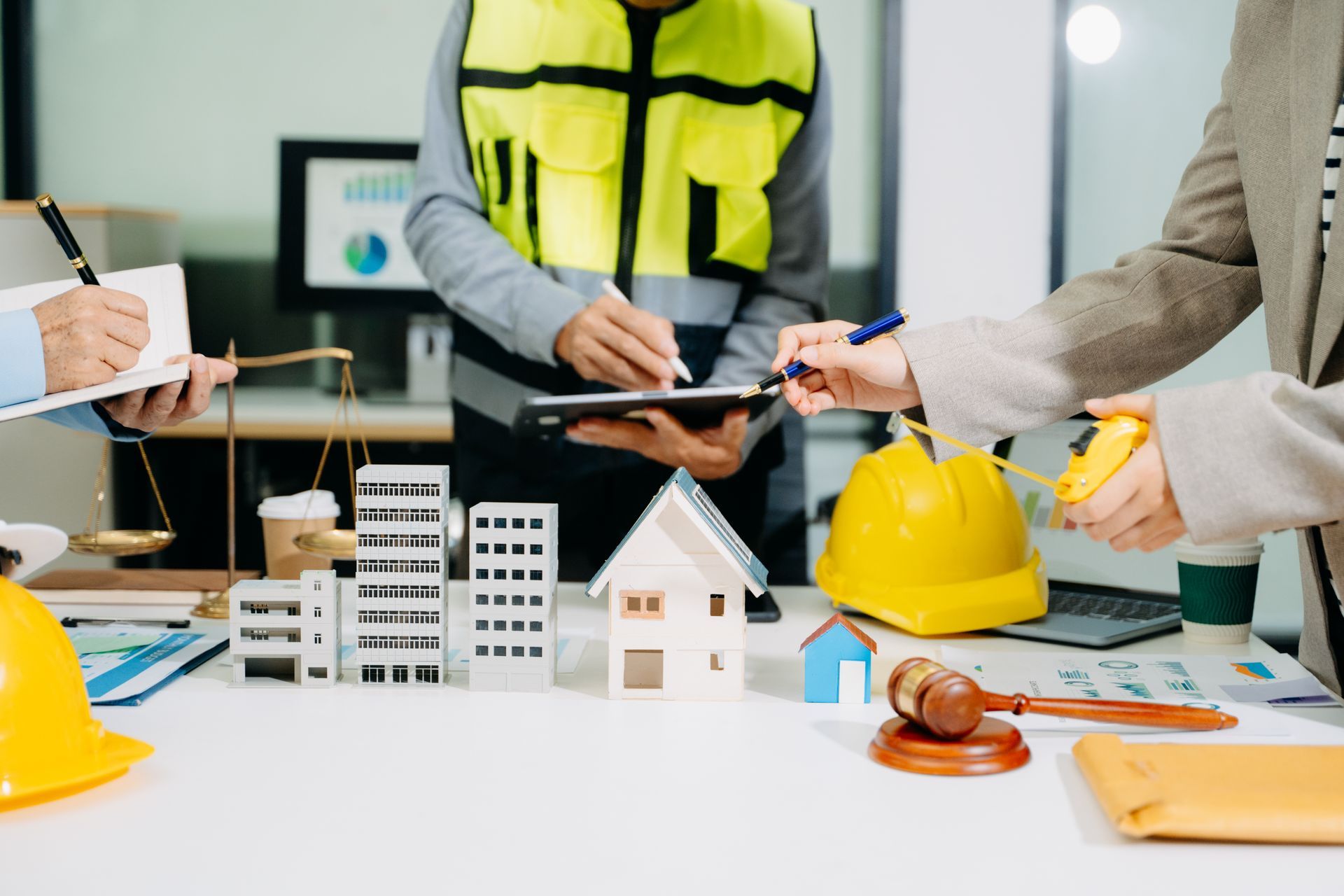 Réunion de chantier avec casques de sécurité, maquettes, plans et gilet de sécurité jaune.
