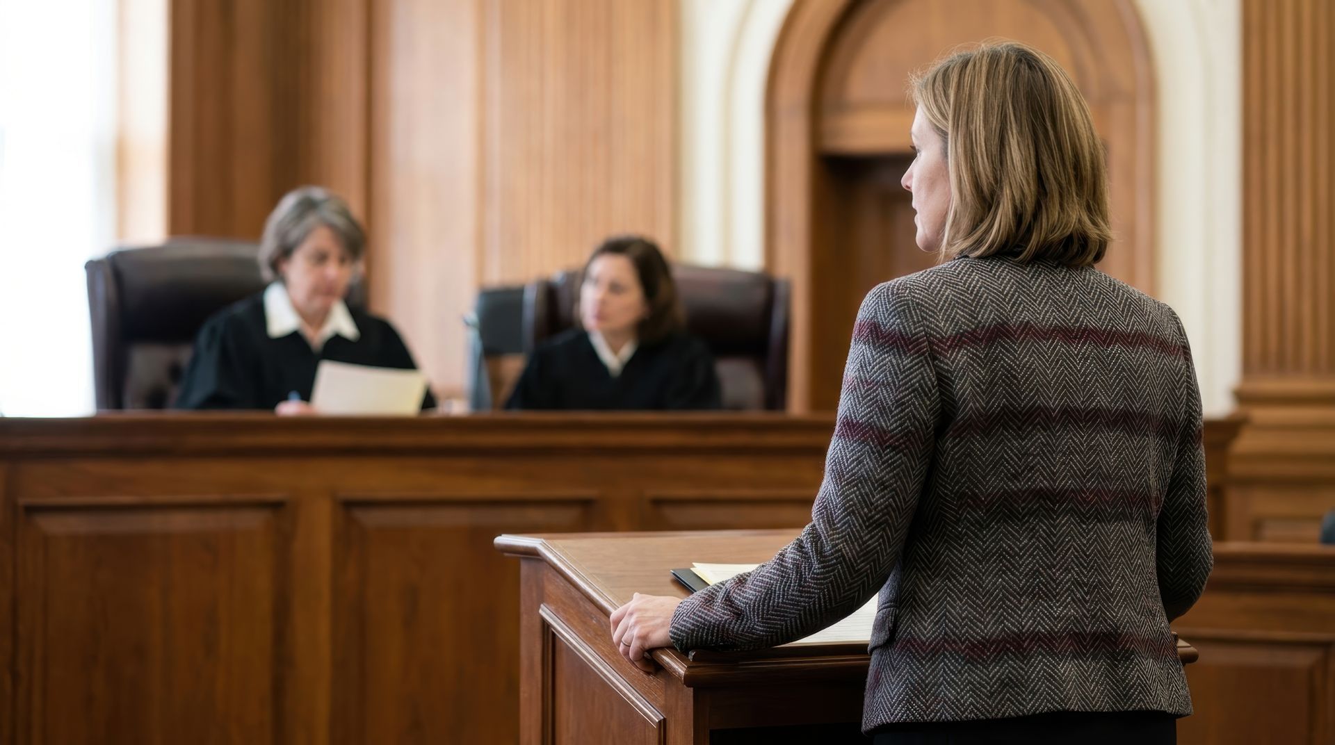Une femme prend la parole à la tribune d'un tribunal, devant deux juges en arrière-plan.