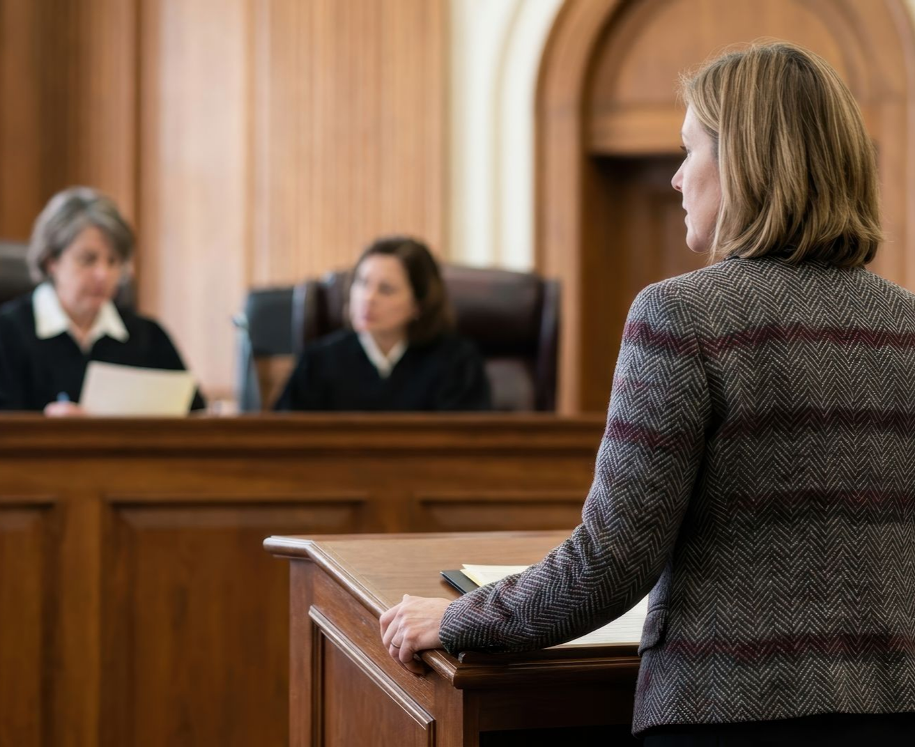 Une femme prend la parole à la tribune d'un tribunal tandis que deux juges sont assis derrière le banc.