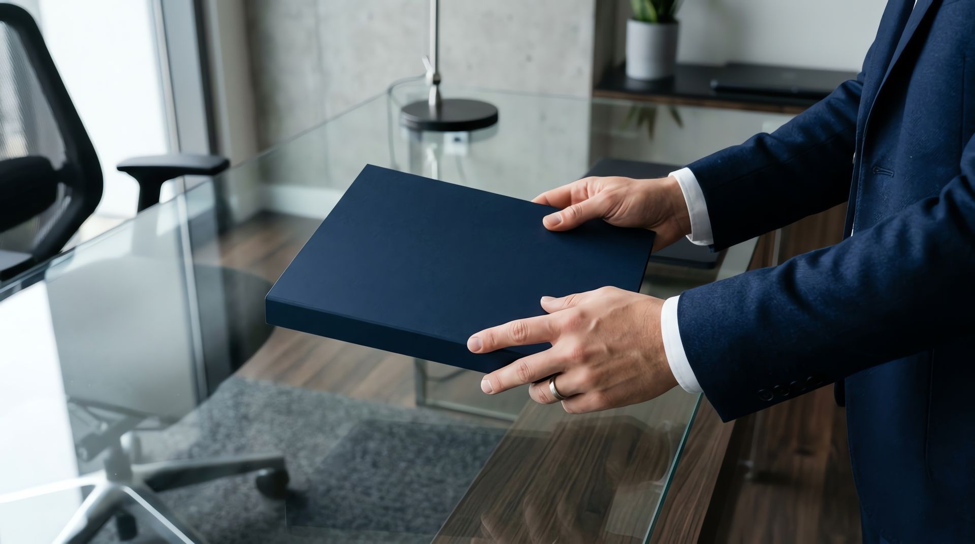 Des mains déposent un dossier bleu marine sur un bureau en verre.