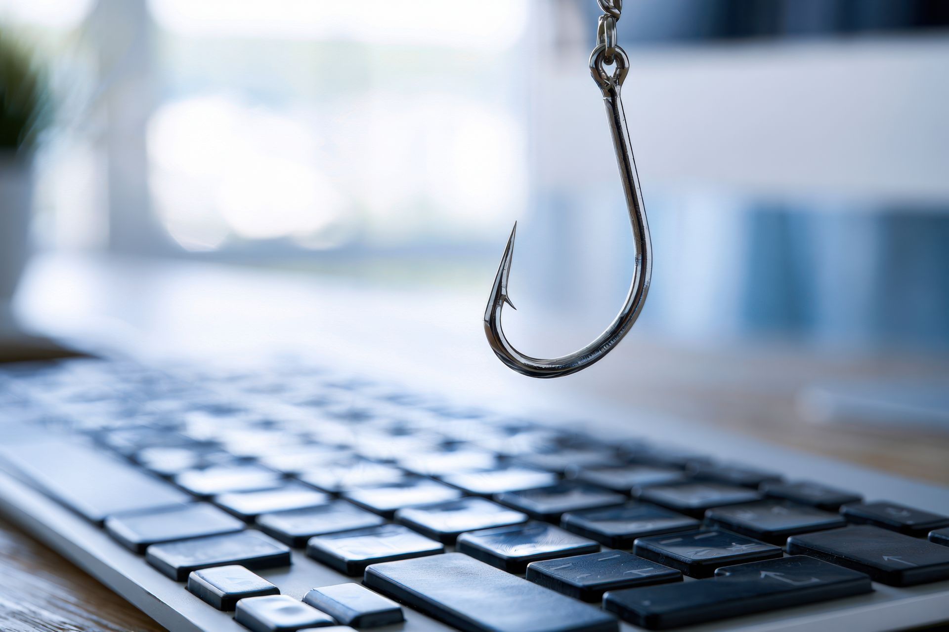 Un hameçon suspendu au-dessus d'un clavier d'ordinateur portable.