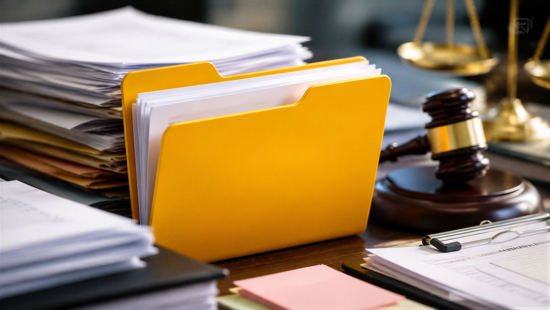 Un dossier jaune à côté de piles de papiers et d'un maillet sur un bureau dans un cabinet d'avocats.