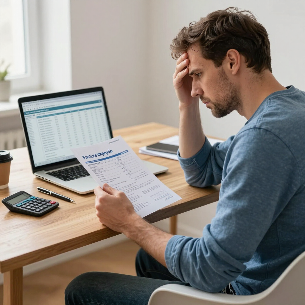 Un homme examine une facture imprimée à son bureau, muni d'un ordinateur portable, d'une calculatrice et d'un carnet.