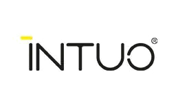 INTUO-Logo in Schwarz mit einem kleinen gelben Akzent über dem I