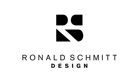 Schwarz-weißes Ronald Schmitt Design-Logo mit stilisiertem RS-Monogramm und darunterliegendem Text
