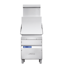 Un lavavajillas de acero inoxidable con la tapa abierta sobre un fondo blanco.