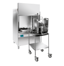 Un gabinete de acero inoxidable con un carrito adjunto.