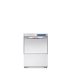 Un lavavajillas de acero inoxidable está sobre una superficie blanca.