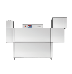 Un lavavajillas de acero inoxidable con ruedas sobre un fondo blanco.