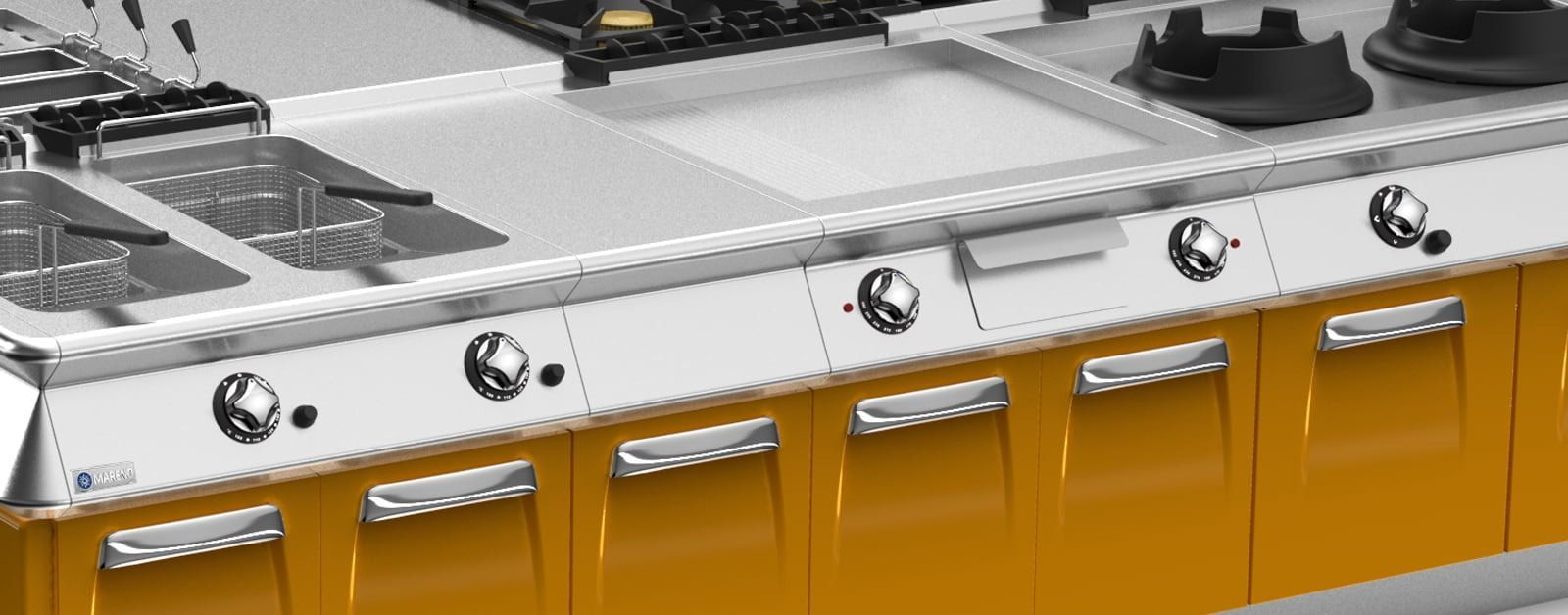 Una cocina con electrodomésticos de acero inoxidable y gabinetes de color naranja.