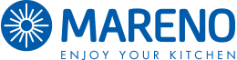 Un logotipo azul y blanco para Mareno disfruta de tu cocina.