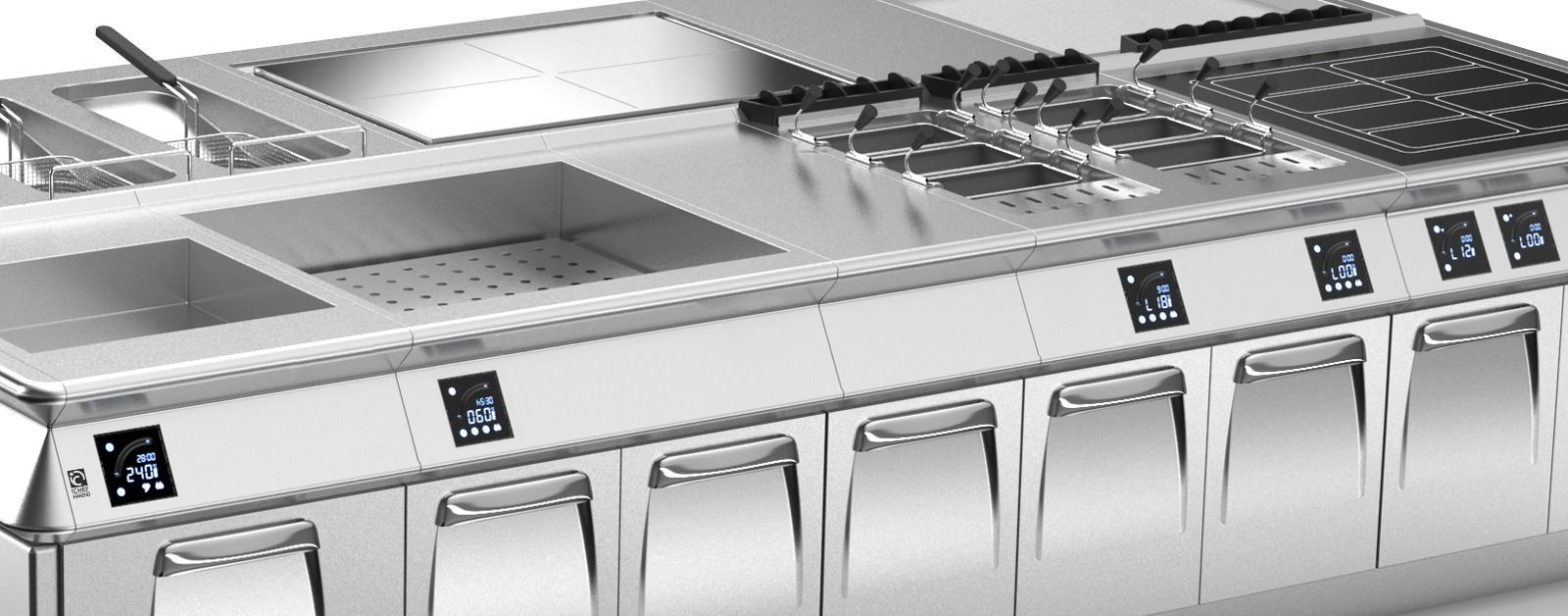 Una cocina de acero inoxidable con muchos electrodomésticos.