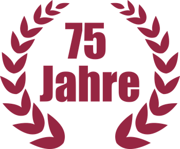 Ein Lorbeerkranz mit der Aufschrift 75 Jahre darauf