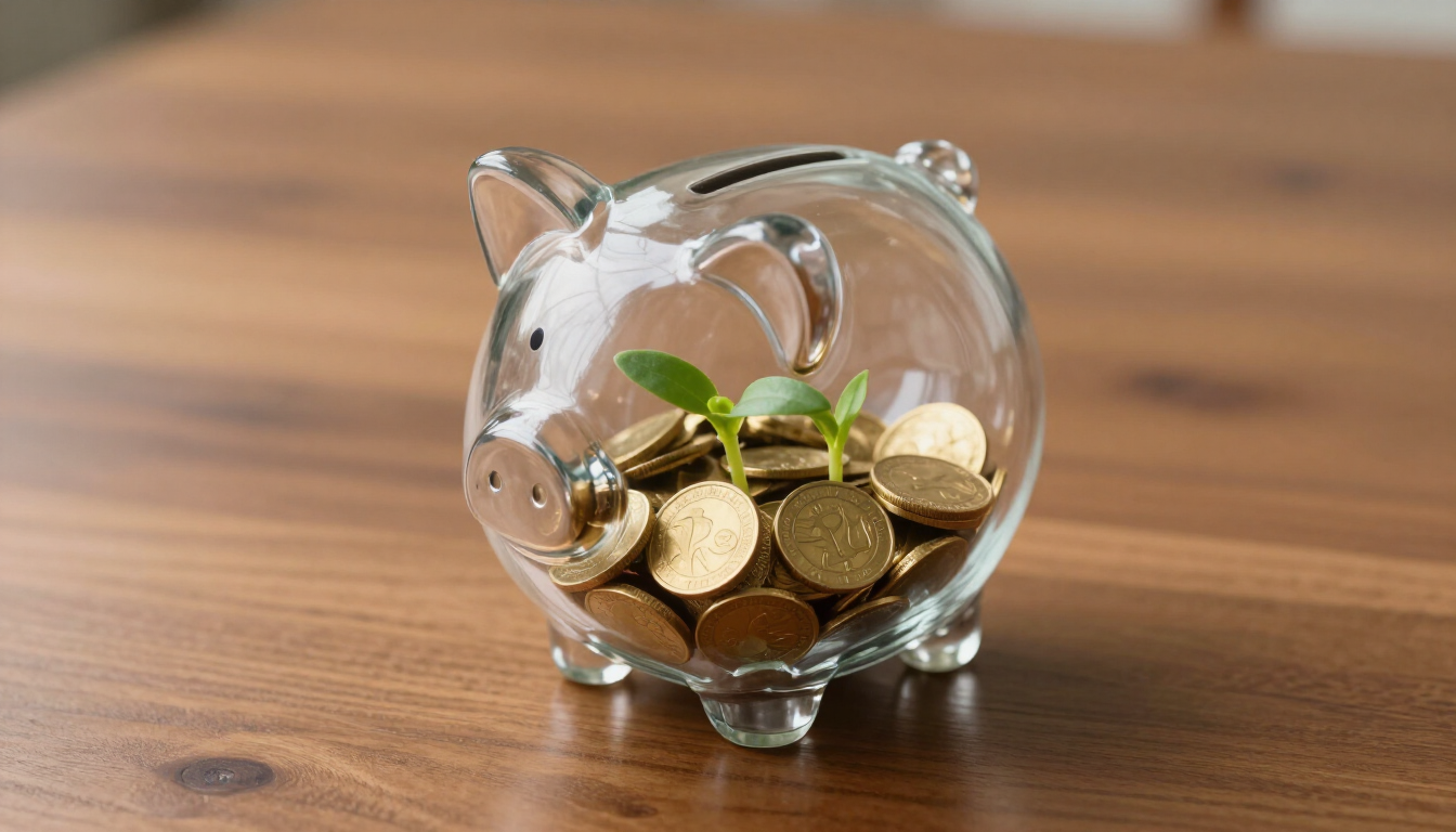 Hucha de cristal con brotes verdes