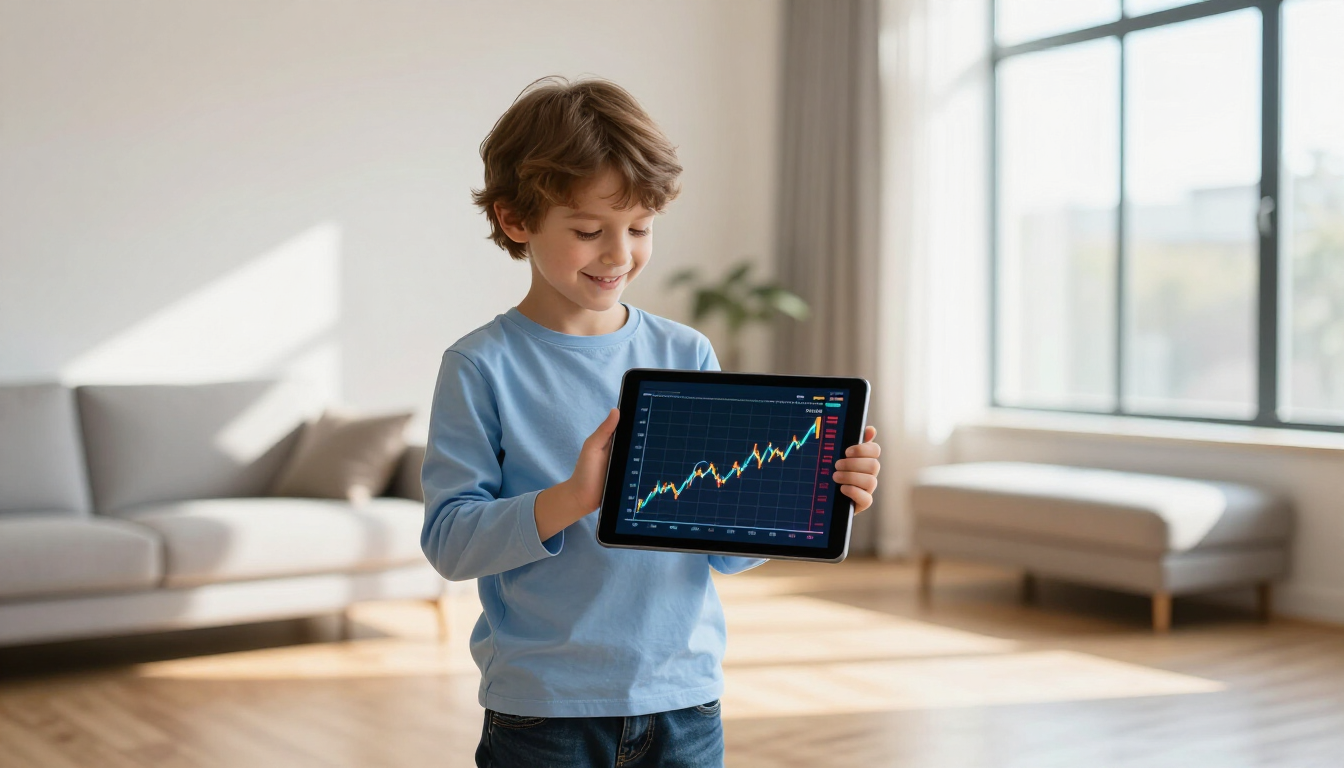Niño con tablet y gráfico de inversión