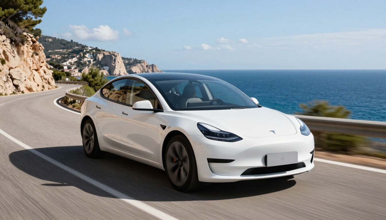Tesla blanco conduciendo por Barcelona cerca del mar