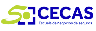 Logo of CECAS, Escuela de negocios de seguros, with blue text and green accents.