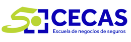 Logo of CECAS, Escuela de negocios de seguros, with blue text and green accents.