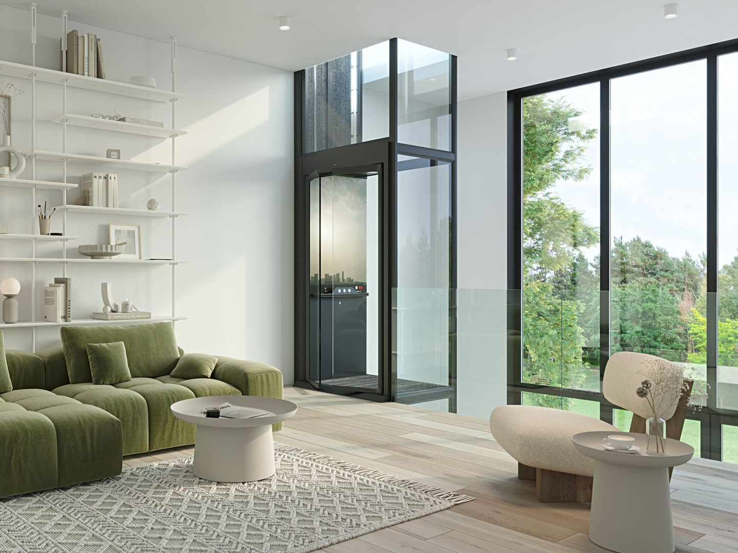 Salon moderne avec ascenseur en verre, canapé vert, meubles blancs et grandes fenêtres offrant une vue imprenable.