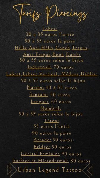 Tarifs des piercings
