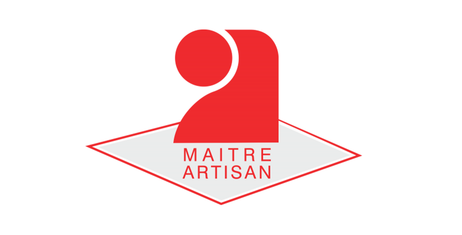 Logo rouge : figure abstraite et cercle sur un losange gris avec l’inscription MAÎTRE ARTISAN en rouge.